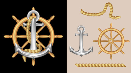 Vector realistic illustration of ship captain steering wheel with gold and steel anchor and ropes © OutsiderCreative