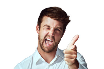 Portrait, hand gun and man funny, promotion and silly guy isolated against a transparent background. Face, male person and model pointing to you, goofy and wink with png, opportunity and decision - obrazy, fototapety, plakaty