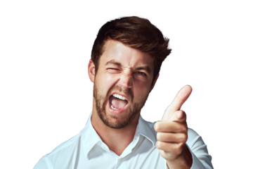 Portrait, hand gun and man funny, promotion and silly guy isolated against a transparent background. Face, male person and model pointing to you, goofy and wink with png, opportunity and decision