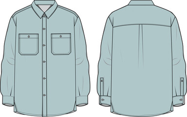 Men's Long sleeve denim shirt flat sketch illustration, double patch pocket long sleeve shirt for casual wear fashion illustration template mock up.