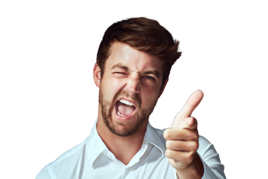 Portrait, hand gun and man funny, promotion and silly guy isolated against a transparent background. Face, male person and model pointing to you, goofy and wink with png, opportunity and decision