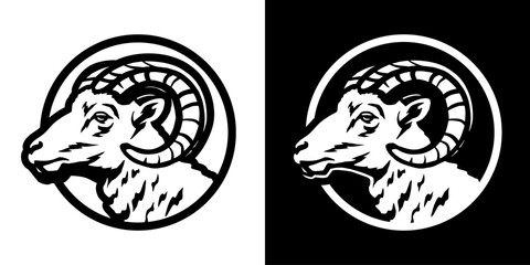 The head of a ram. Round logo, emblem on a black background.