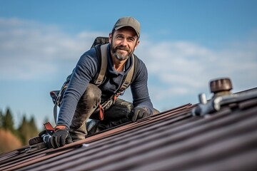 Construction worker working in a roof. - obrazy, fototapety, plakaty