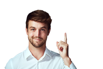 Man, portrait and thinking with idea for solution, problem solving or brainstorming isolated on a transparent PNG background. Male person or model with smile pointing finger with ideas for planning