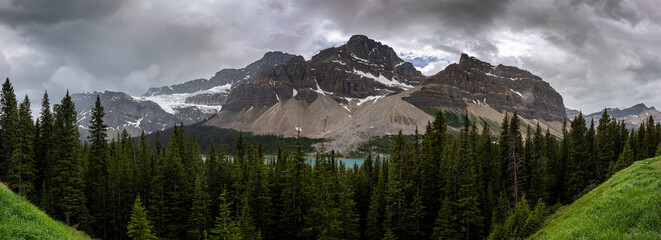 Crowfoot Glacier Viewpoint Canadian Rockies Landscape Panorama - Bow Lake and Crowfoot Mountain and glacier Banff national park, Alberta, Canada.