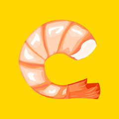 Shrimp seafood. Isolated shrimp on yellow background. Prawns. Vector illustration.