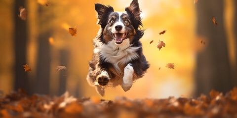 Obraz na płótnie Canvas Dog jumping in leaves, autumn, generative AI