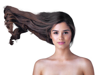 Hair, wind and portrait of woman with beauty, keratin treatment and isolated in a transparent or...