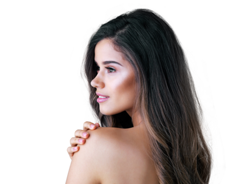 Beauty, woman and skincare with thinking in png with isolated or transparent in background. Face, cosmetics and self love with hair care with glow and natural shine or clean with model and wellness.