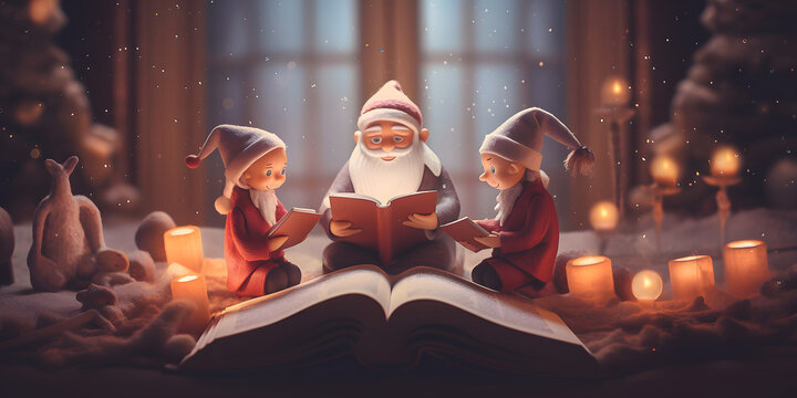 santa claus reading with his elves