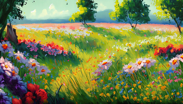 Oil painting of spring flowers on canvas. Generative ai