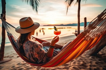 Summer travel vacation concept, Happy traveler asian woman using mobile phone and relax in hammock on beach in Koh Chang, Trad, Thailand