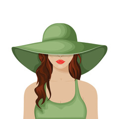 A woman in a hat with brown hair. Sexy lady with bright red lips in a green hat. A beautiful girl in a hat with a big brim. Vector illustration isolated on a white background.