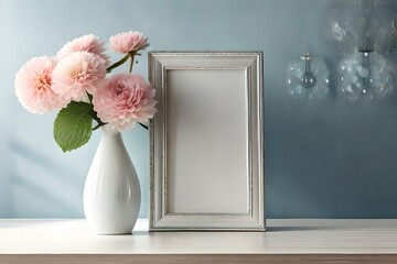 Picture Frame Mockup Template With Flowers in Modern Minimalistic Living Room