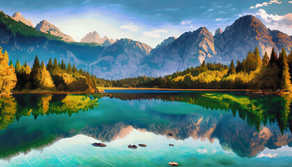 Fototapeta na wymiar Majestic mountain vista with serene lake. Generative ai