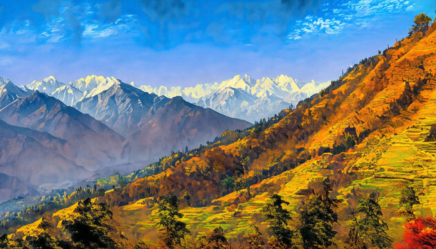 Oil painting of mountains. Beautiful illustration picture. Generative AI