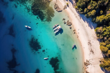 Above view of the Tropical island beach with sand as seashore as the tropical island in a coral reef ,blue and turquoise sea with the boats background