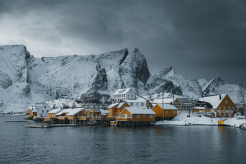 Snowy village on Sakris island, Norway