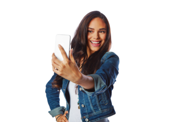 Selfie, beauty and hair of happy woman isolated on transparent png background for social media photography. Salon, results and content creator, influencer model or person smile for profile picture
