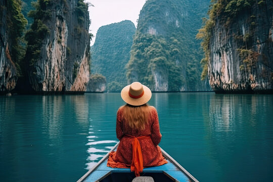Back View of Young Female Tourist in Dress and Hat at Longtail Boat near Three rocks with Limestone Cliffs at Cheow Lan Lake.