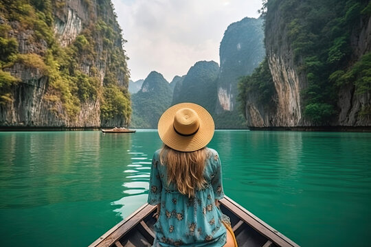 Back View of Young Female Tourist in Dress and Hat at Longtail Boat near Three rocks with Limestone Cliffs at Cheow Lan Lake.