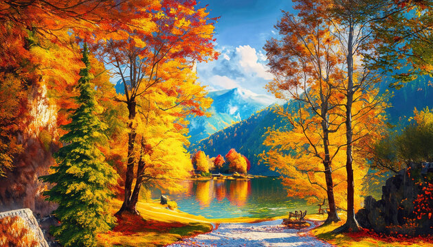 Reflection of autumn trees in water, autumn lake. Oil paint. Generative ai