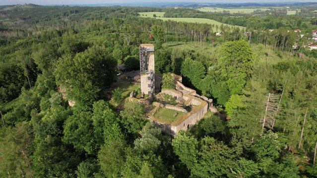 Orl&iacute;k castle ruins by Humpolec city Vysocina Czech republic,Europe, historical old castle Orl&iacute;k aerial scenic panorama view,Orl&iacute;k nad Humpolcem	

