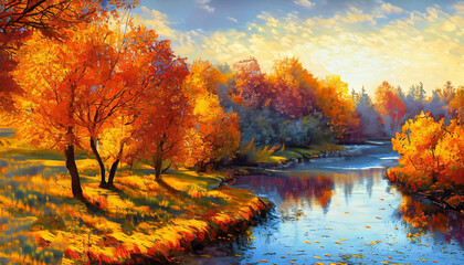 Oil painting landscape - autumn forest near the river, orange leaves, art work. Generative ai