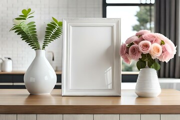Blank picture with white frame mockup. Modern ceramic vase with flowers on wooden table. Still life interior. Home staging, minimal decor concept