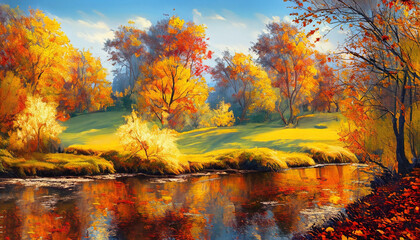 Fototapeta na wymiar Oil painting landscape - autumn forest near the river, orange leaves, art work. Generative ai