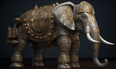 The majestic anthropomorphic elephant stands tall, donning powerful military armor. Creating using generative AI tools