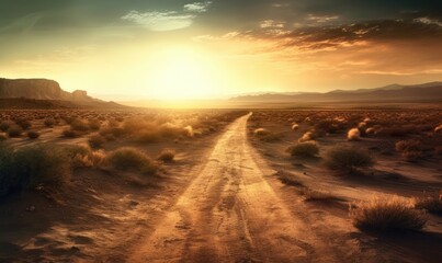 Fototapeta na wymiar Breathtaking sunset colors paint the desert landscape with an endless road. Creating using generative AI tools