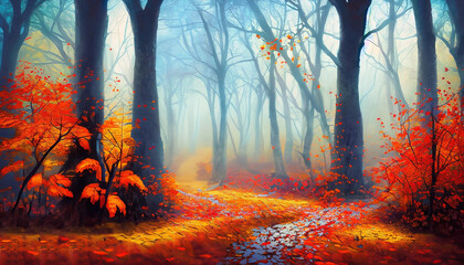 Obraz na płótnie Canvas Painting path woods young autumn heavenly landscape art elegant oil splash beautiful canvas. Generative ai