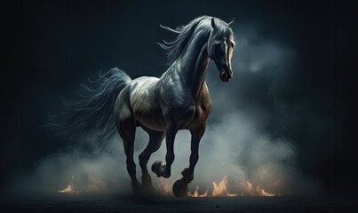 Obraz na płótnie Canvas The fiery mane of a majestic horse illuminates the dark background. Creating using generative AI tools