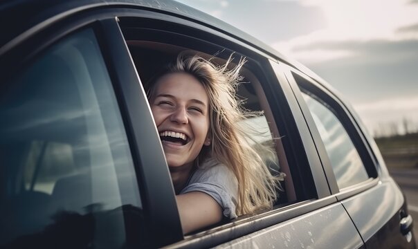 Adventurous caucasian lady embraces the freedom of the open road from the car window. Creating using generative AI tools