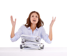Stress, folder and business woman frustrated with administration work, bookkeeping or receptionist...