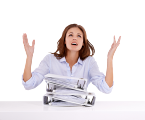 Stress, folder and business woman frustrated with administration work, bookkeeping or receptionist workload. Burnout, portfolio files and female bookkeeper isolated on transparent, png background