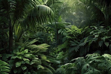 Green exotic palms growing in tropical forest against dark trees