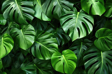 Fototapeta premium Tropical leaves, dark green foliage, abstract nature background