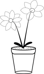  beautiful flower hand drawing black line art, doodle, icon flowers in plant pot vector illustration isolated on white background