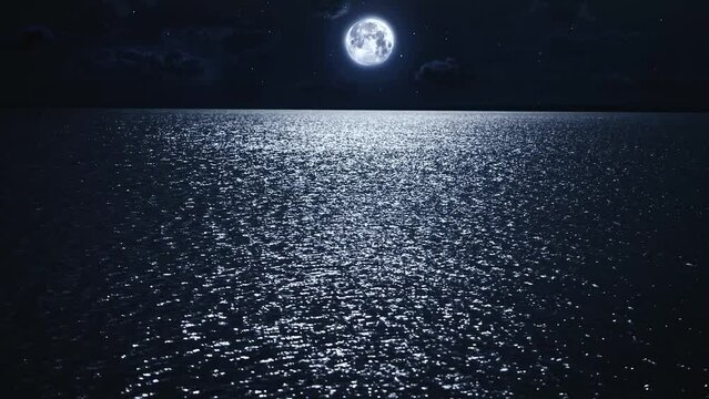 Beautiful and mystical night scene. The full moon hangs over the night surface of the river. The river reflects the light of the moon, and creates a glare.
