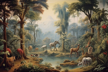 Jungle landscape with wild animals, illustration