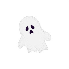 Cute Halloween ghost. Trick or treat. Vintage clipart in retro engraving style. Vector illustration isolated on white background.