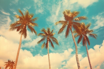 Palm trees against blue sky, Palm trees at tropical coast, vintage toned and stylized, coconut tree,summer tree