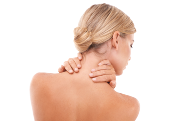Healthcare, back view and woman with neck pain, injury or accident after spa body care treatment. Medical emergency, hurt and female model with a muscle sprain isolated by transparent png background.