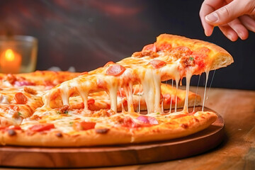 A slice of fried, hot Italian pizza with sticky cheese. Generative AI