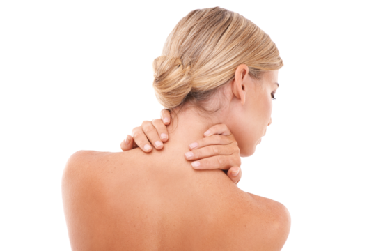 Healthcare, back view and woman with neck pain, injury or accident after spa body care treatment. Medical emergency, hurt and female model with a muscle sprain isolated by transparent png background. - Powered by Adobe