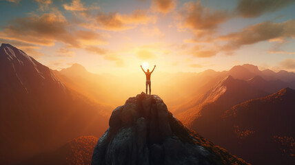 3d male figure with arms raised stood on mountain against sunset sky , Generative AI