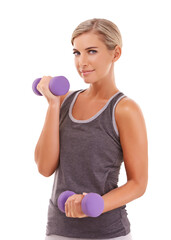 Naklejka premium Woman in portrait, fitness and weightlifting with dumbbells, workout with health isolated on png, transparent background. Healthy, exercise and active female person, bodybuilder and muscle training