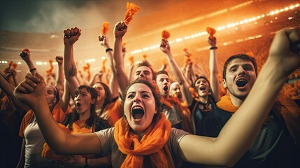 Group of Fans football celebrating the success of their favorite sports team on the stands of the professional stadium. Generative Ai - obrazy, fototapety, plakaty